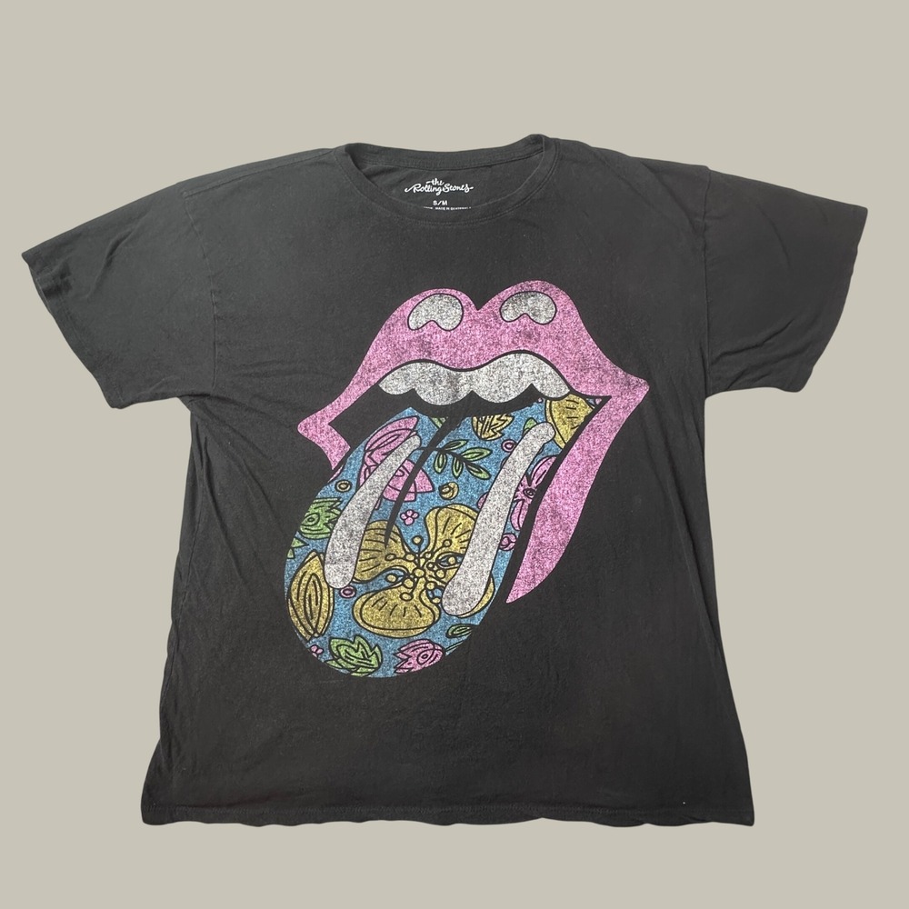 The Rolling Stones T-Shirt Mens S/M Black Floral Tongue Logo Rock Band Graphic
